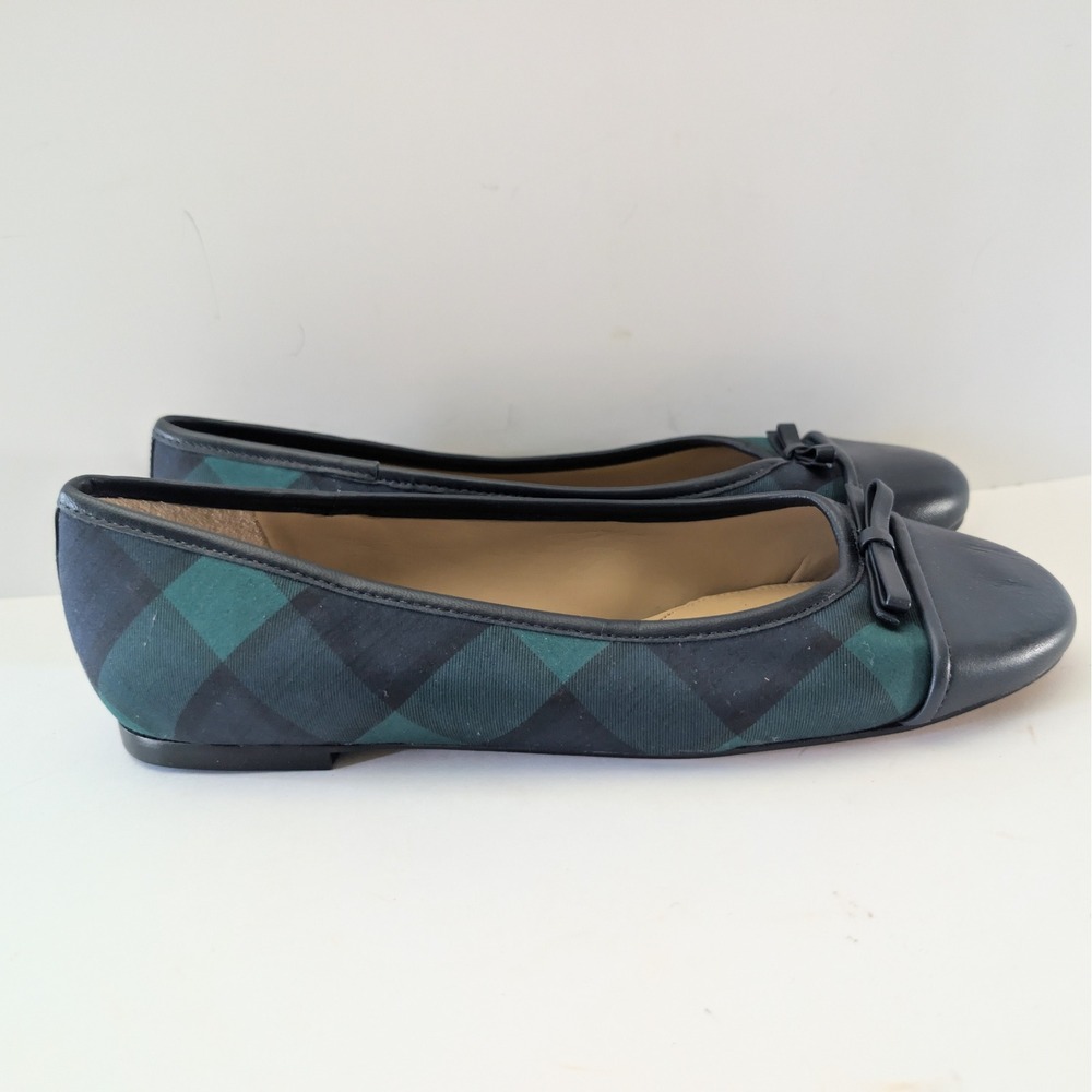 Talbots Black Watch Plaid Ballet Flats Leather Cap Toe Bow Blue Green 9M